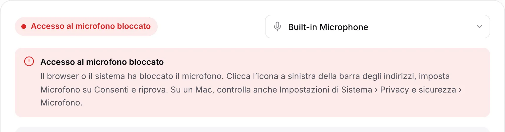 L’accordatore con il messaggio rosso “Accesso al microfono bloccato” e le istruzioni