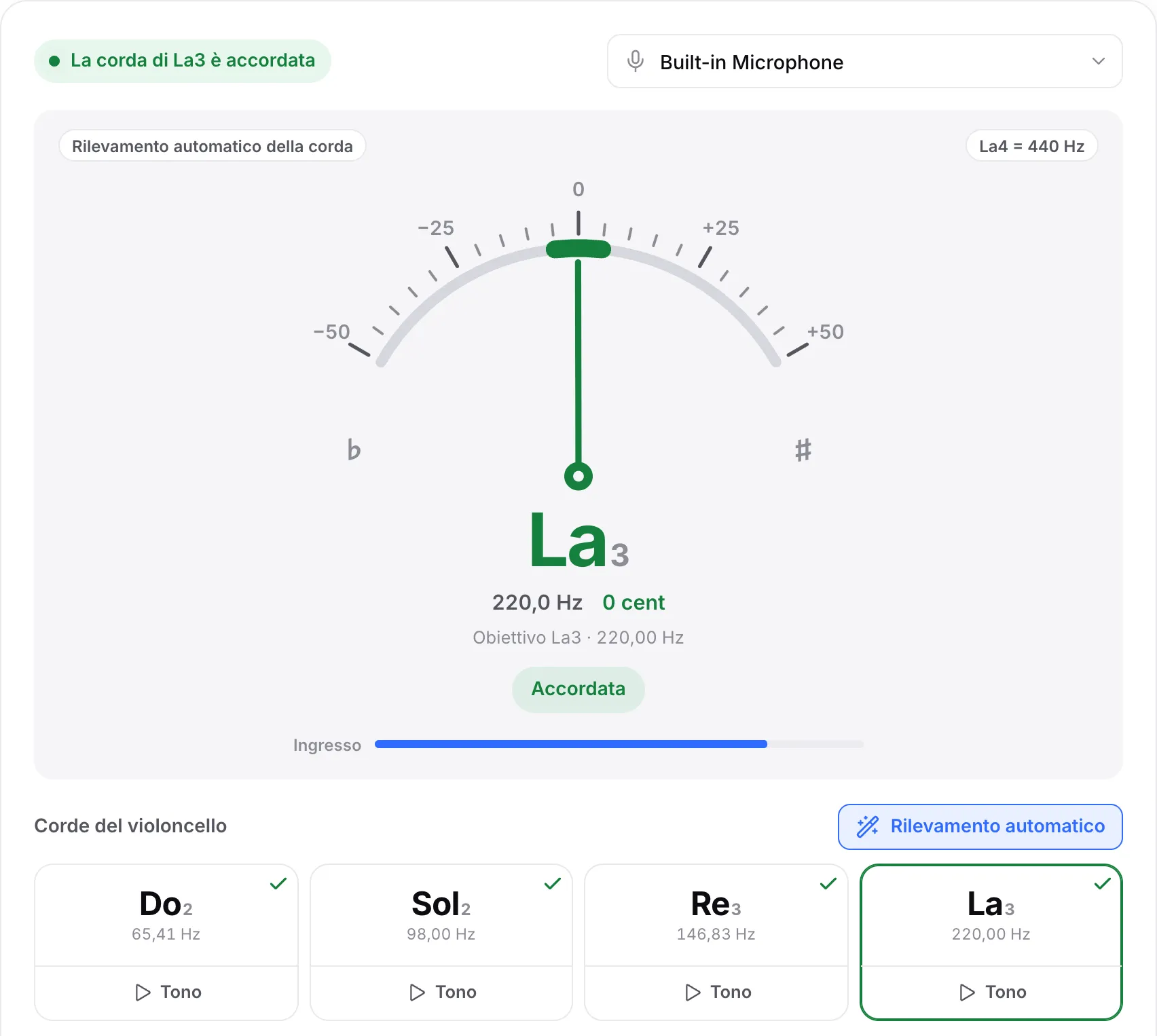 Tutte e quattro le corde del violoncello con segni di spunta e la corda del La accordata: una lancetta verde a 0 cent e lo stato “La corda di La3 è accordata”