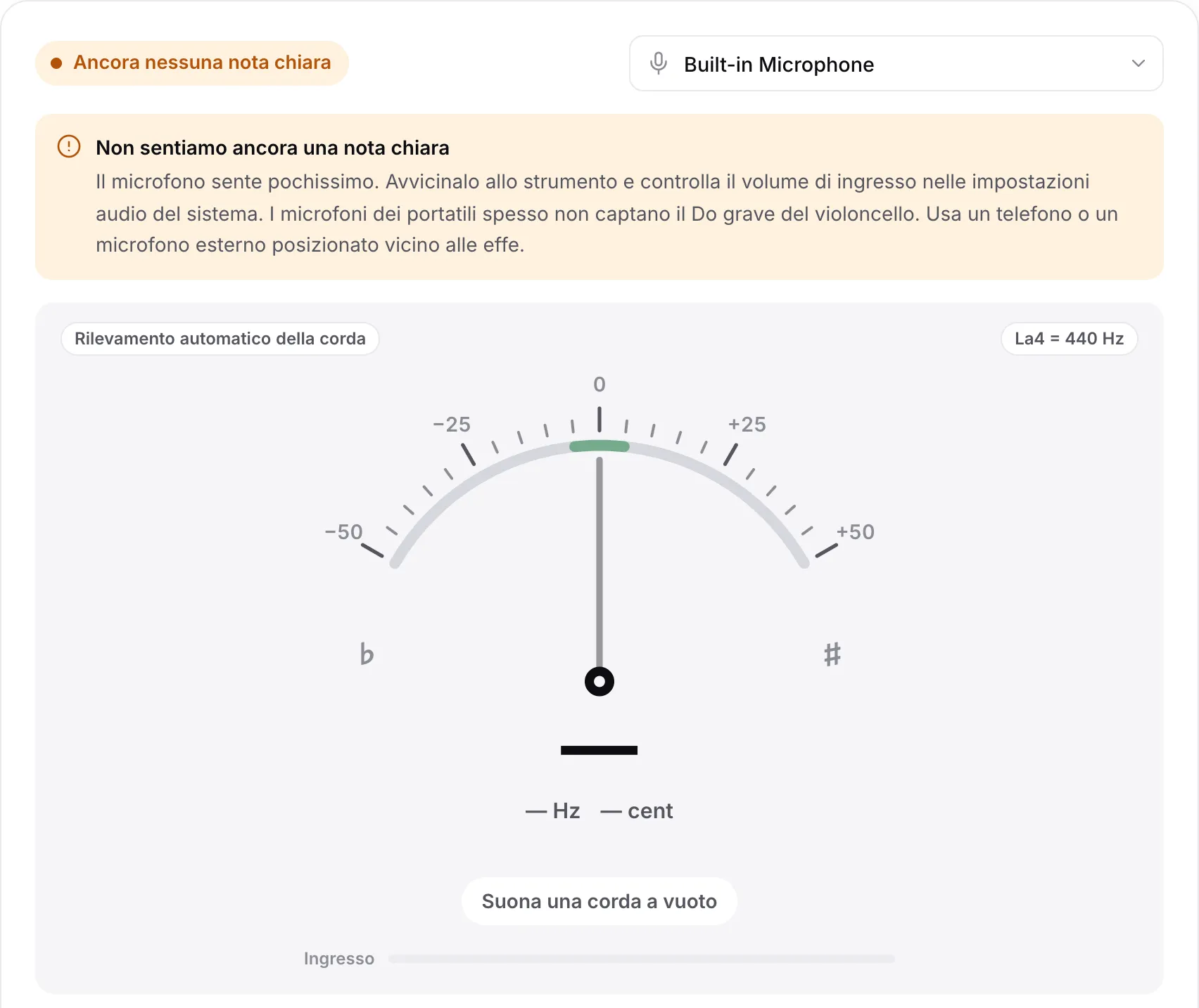 L’accordatore con l’avviso “Non sentiamo ancora una nota chiara”, una barra Ingresso vuota e un suggerimento sui microfoni dei portatili e sul Do grave