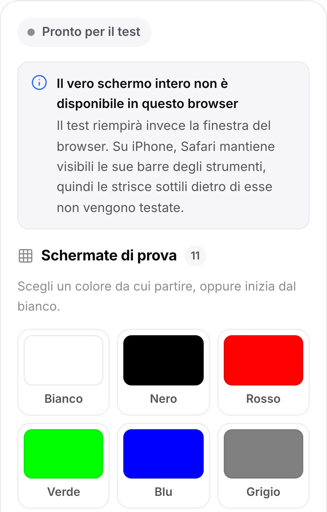 Il test dei pixel morti su un iPhone con l’avviso “Il vero schermo intero non è disponibile in questo browser” sopra i campioni di colore