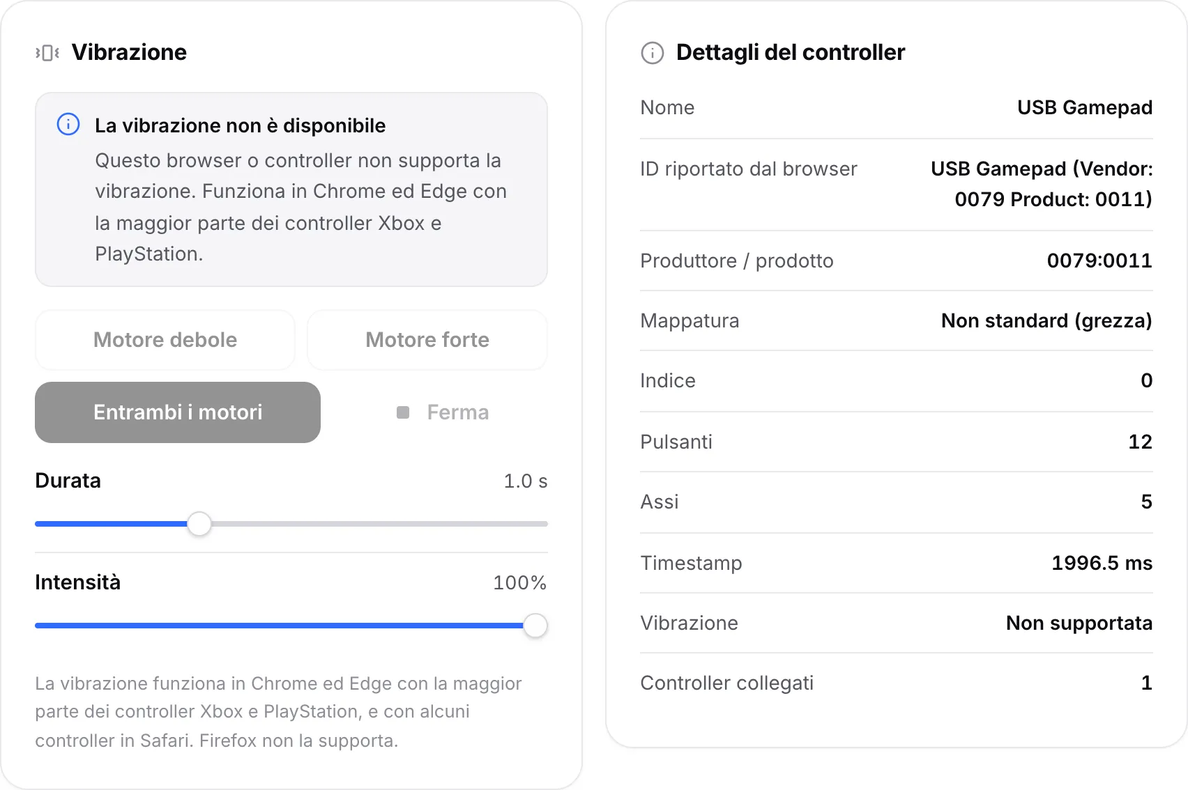 Il pannello Vibrazione con l’avviso “La vibrazione non è disponibile” e i pulsanti dei motori disattivati; Dettagli del controller mostra Vibrazione: Non supportata