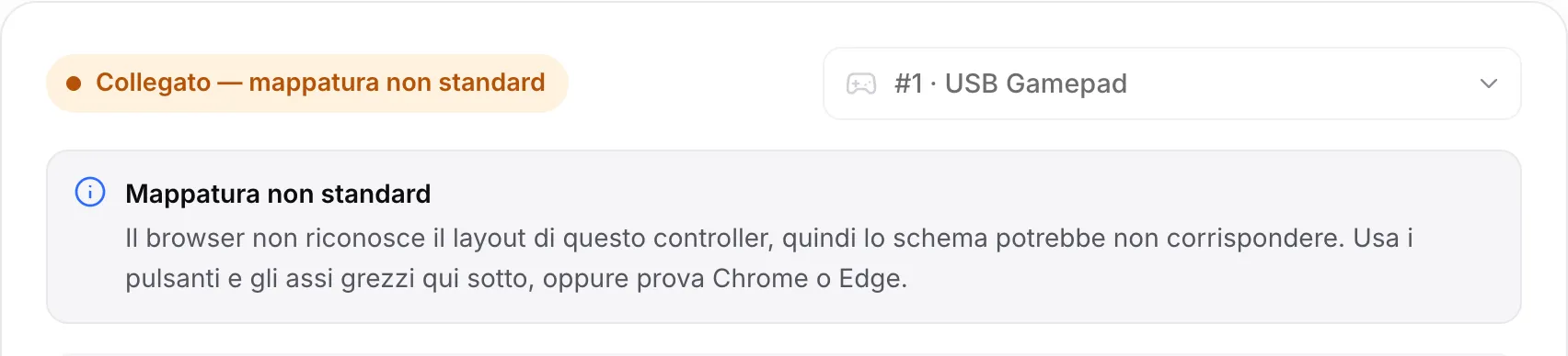 Il test che mostra un gamepad USB con lo stato arancione “Collegato — mappatura non standard” e un avviso di usare i valori grezzi