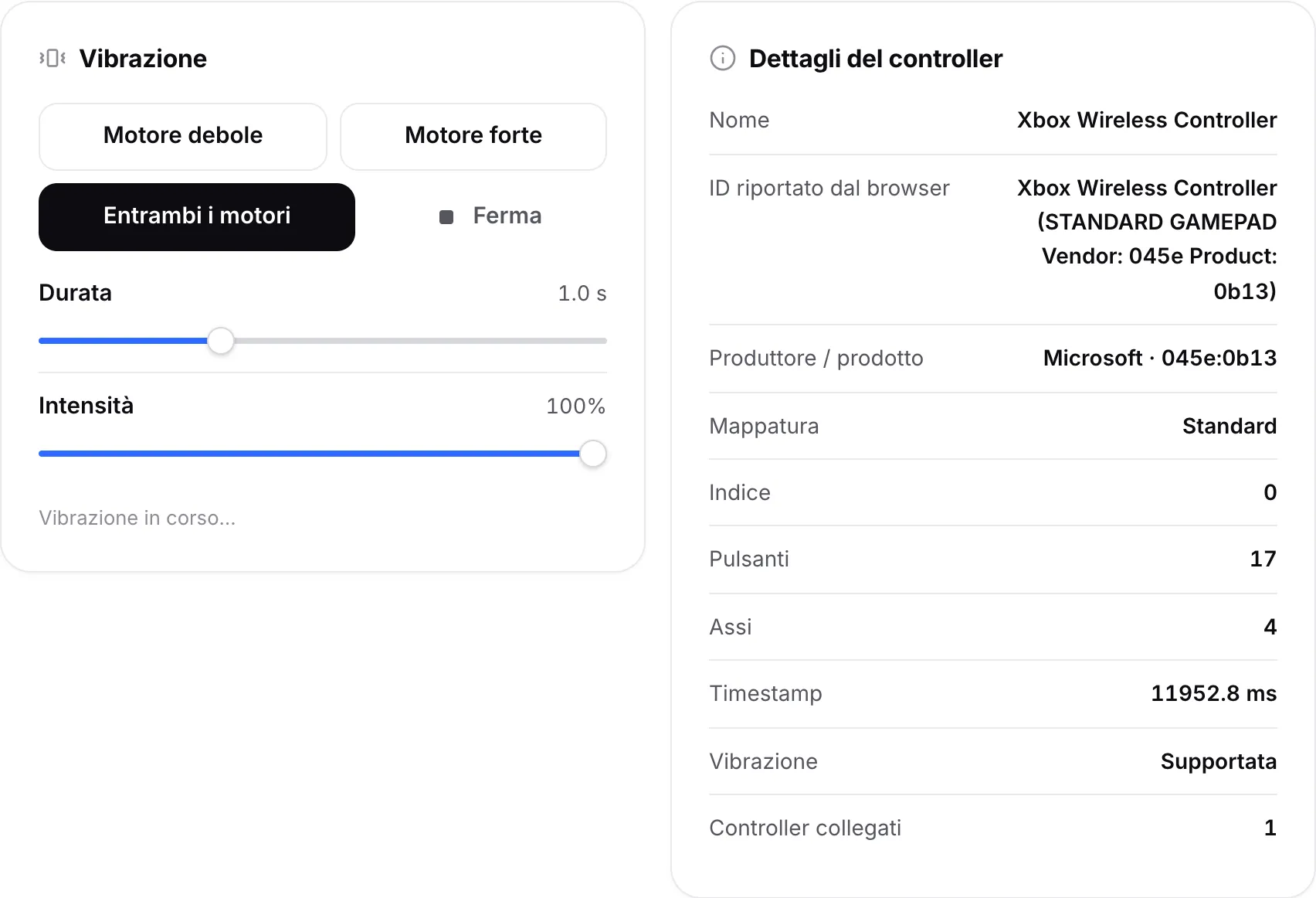 Il pannello Vibrazione con i pulsanti dei motori e i cursori accanto al pannello Dettagli del controller che mostra nome, ID, produttore e mappatura