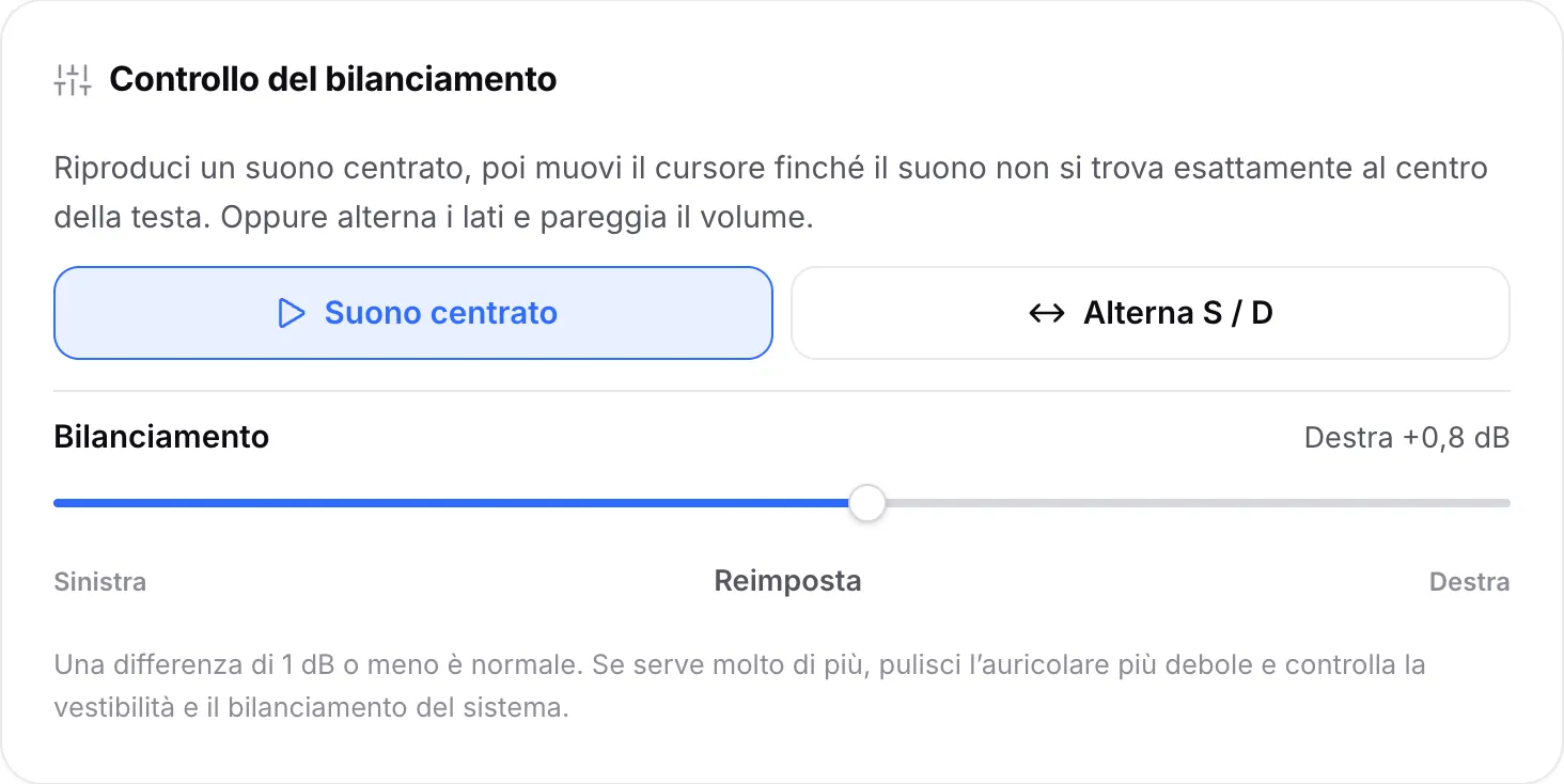 Il controllo del bilanciamento con il suono centrato in riproduzione, con il cursore del bilanciamento spostato su Destra +0,8 dB