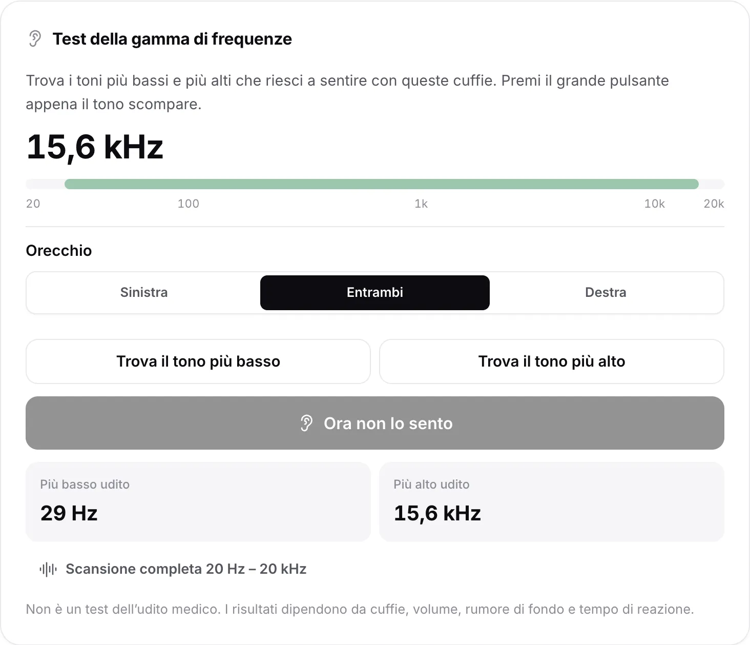 Il test della gamma di frequenze con i risultati: tono più basso udito 30 Hz, più alto 15,6 kHz, mostrati come una banda verde sulla scala
