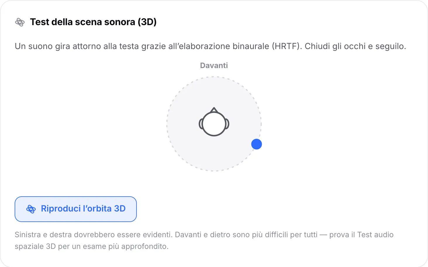 Il test della scena sonora con l’orbita 3D in riproduzione, con il punto che si muove attorno alla testa, ora dietro l’orecchio destro