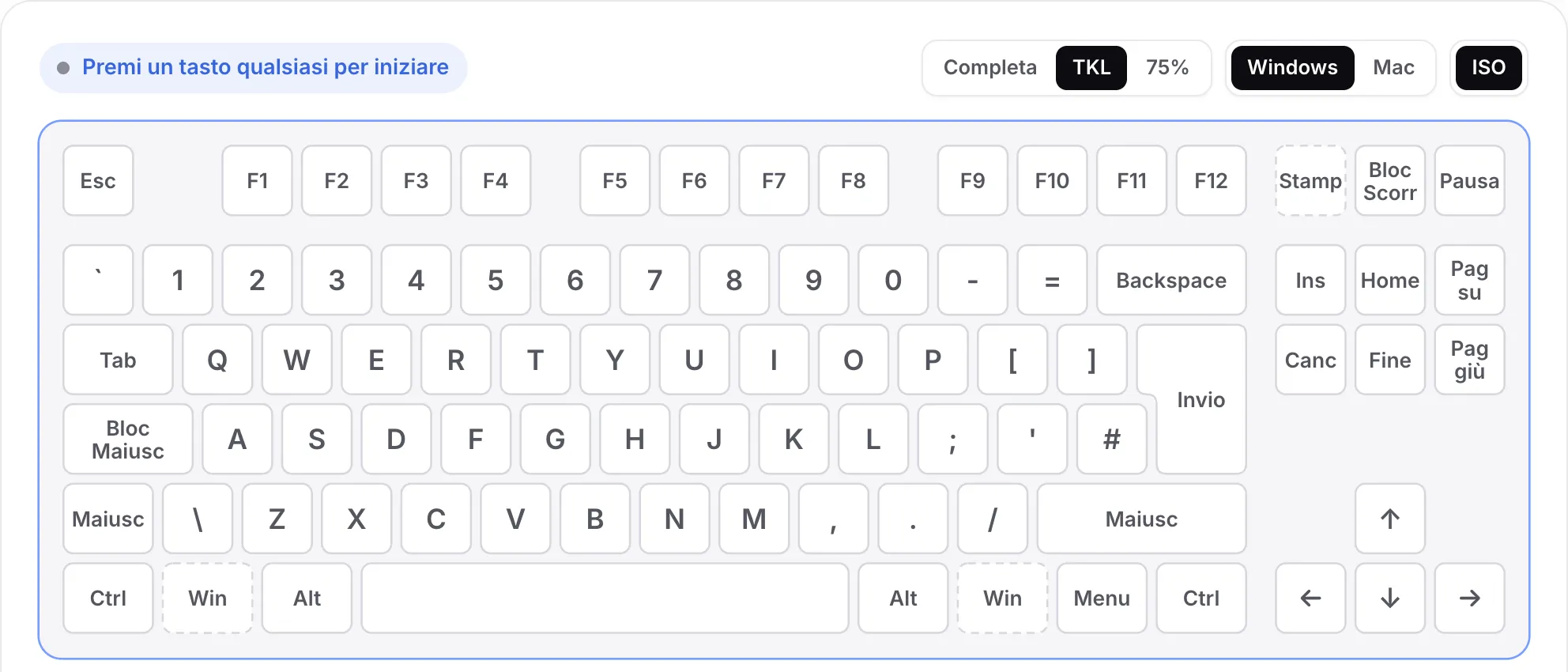 Il layout TKL con ISO attivato: un tasto Invio alto e un tasto in più accanto al Maiusc sinistro, senza tastierino numerico