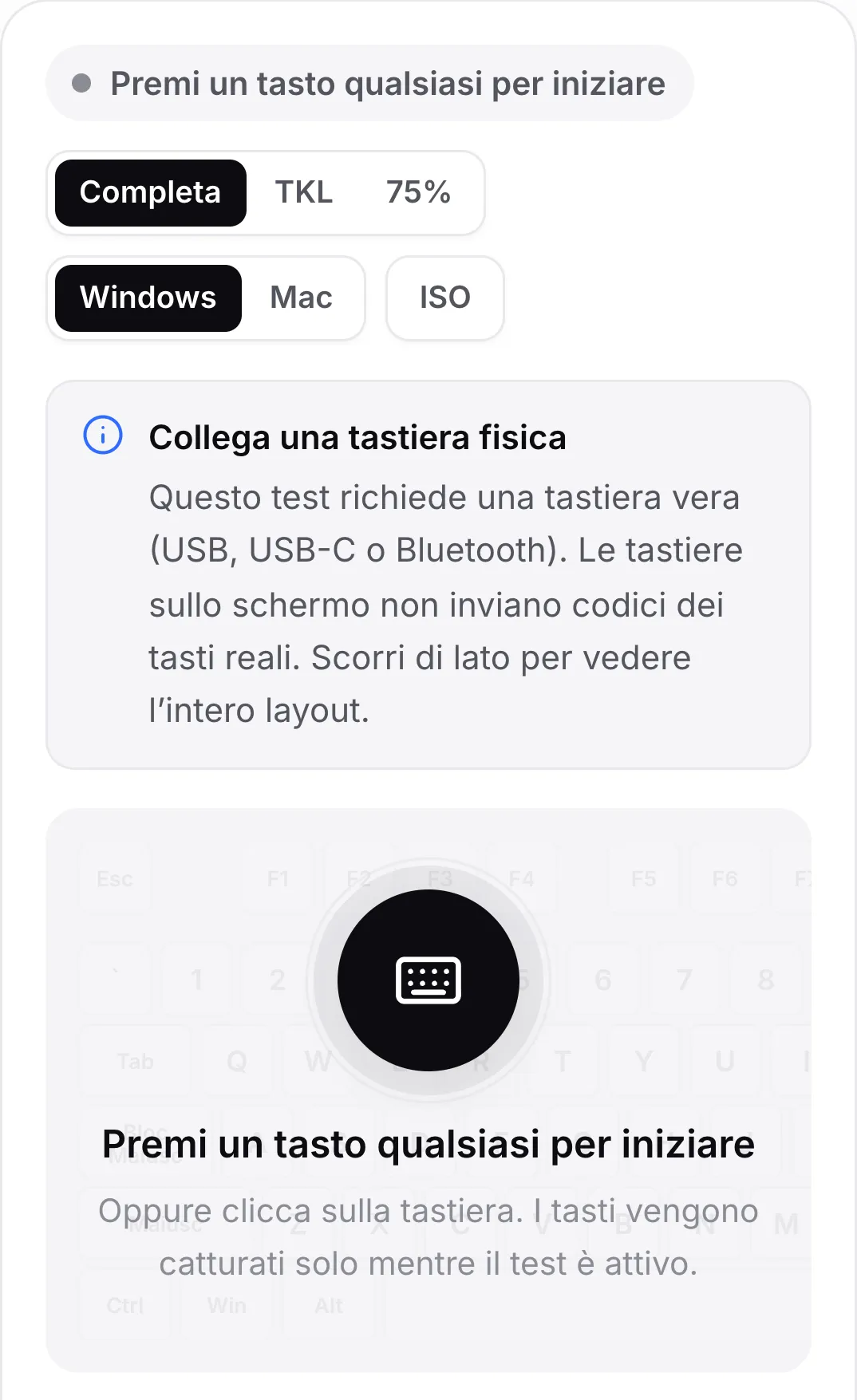 Il test della tastiera su un telefono con l’avviso “Collega una tastiera fisica”