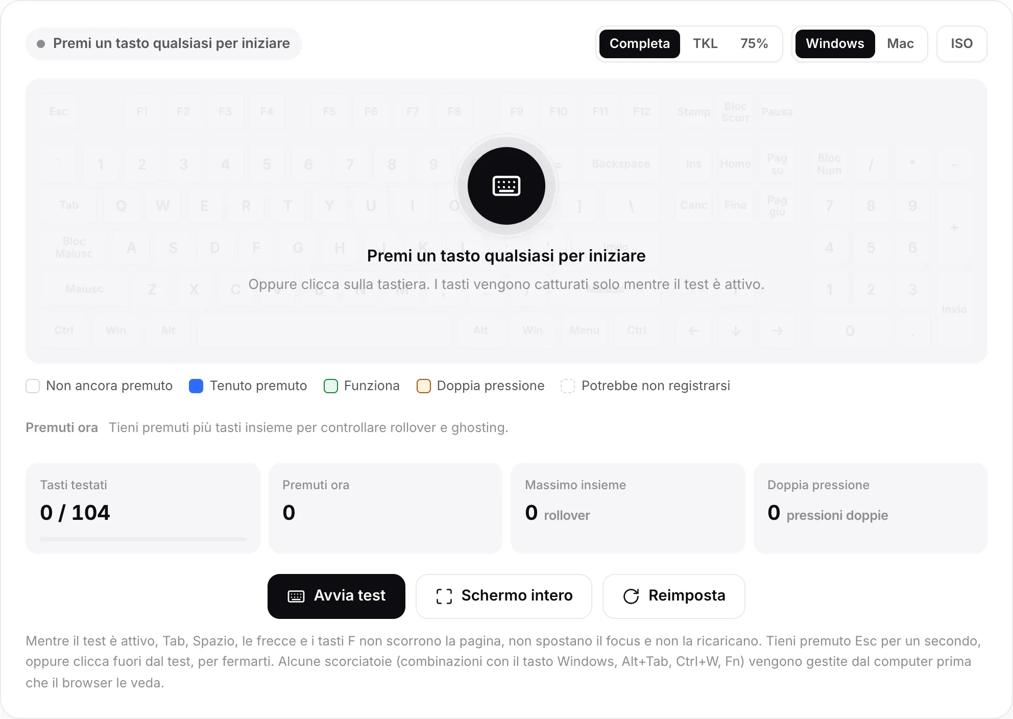 Il test della tastiera prima dell’avvio, con il messaggio “Premi un tasto qualsiasi per iniziare” su una tastiera sbiadita