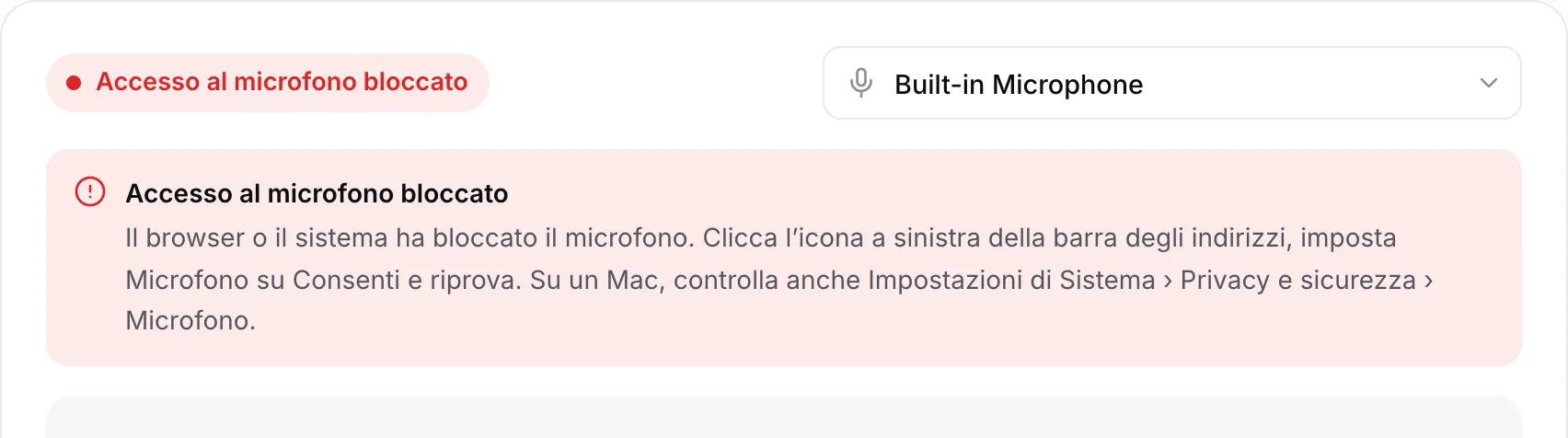 Il test del microfono con il messaggio rosso “Accesso al microfono bloccato” e le istruzioni