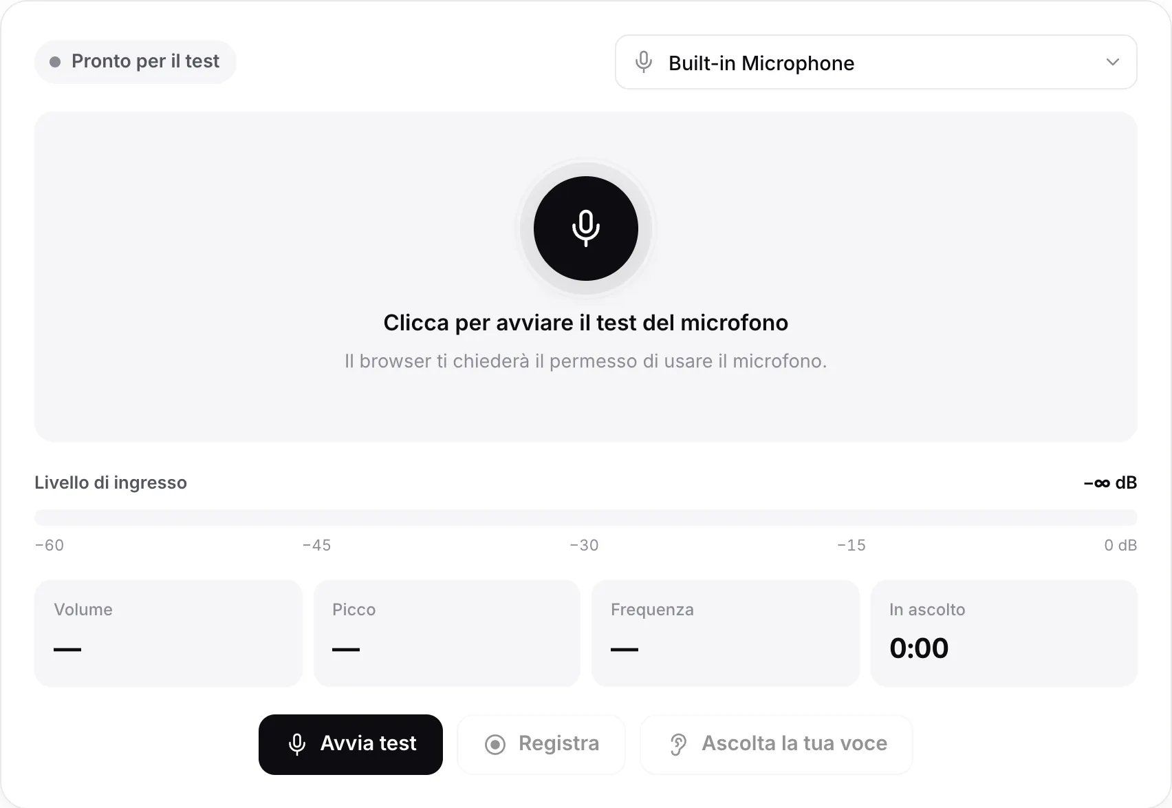 Il test del microfono prima dell’avvio, con il pulsante Avvia test e il menu del microfono