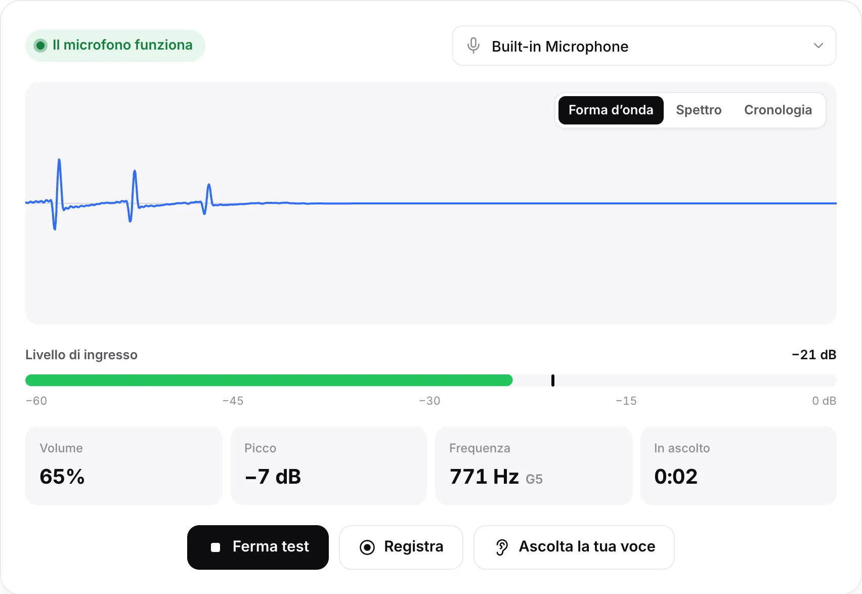 Un microfono funzionante: forma d’onda in movimento, livello di ingresso intorno a −26 dB e lo stato verde “Il microfono funziona”