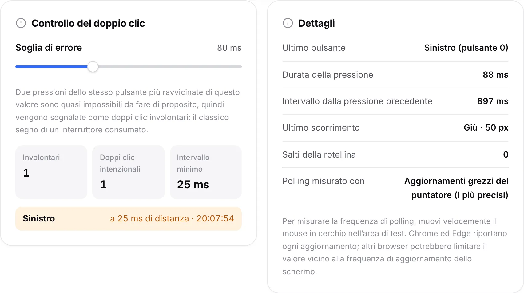 Il pannello Controllo del doppio clic che elenca un doppio clic involontario sul pulsante sinistro e un doppio clic intenzionale, accanto al pannello Dettagli