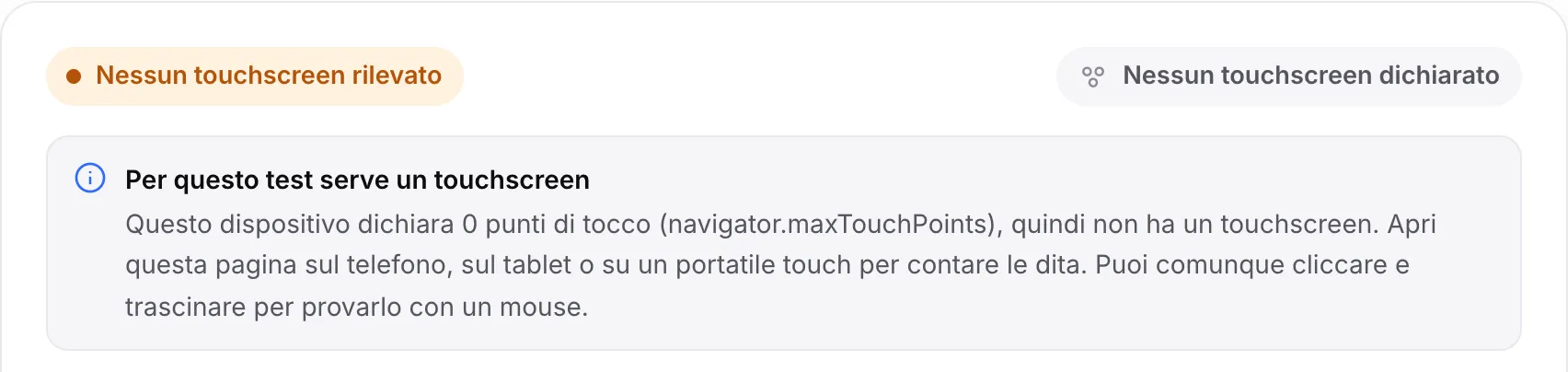 Il test multi-touch su un computer: lo stato arancione “Nessun touchscreen rilevato” e l’avviso “Per questo test serve un touchscreen”
