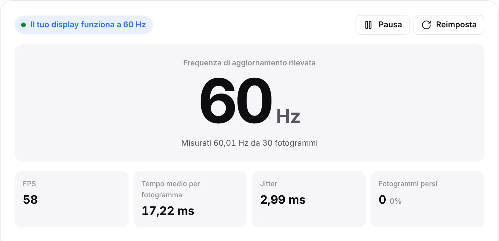 Il test della frequenza di aggiornamento durante la misurazione, con lo stato “Misurazione in corso…” e l’indicazione “Tieni questa scheda in primo piano per qualche secondo…”