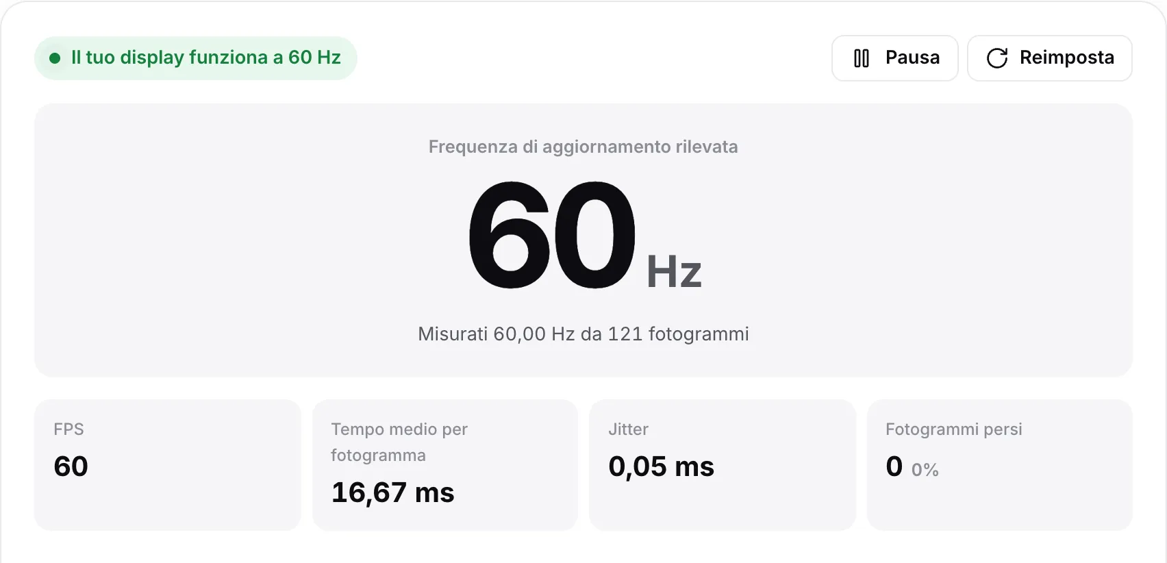 Il risultato “Il tuo display funziona a 60 Hz”: 60 Hz in caratteri grandi, 60 FPS, tempo medio per fotogramma di 16,67 ms, jitter inferiore a 0,1 ms e nessun fotogramma perso