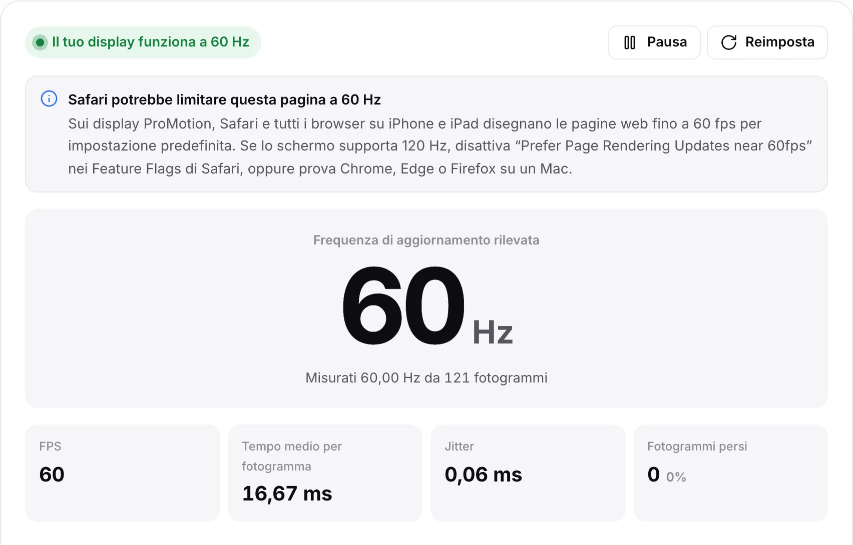 La nota “Safari potrebbe limitare questa pagina a 60 Hz” sopra un risultato di 60 Hz