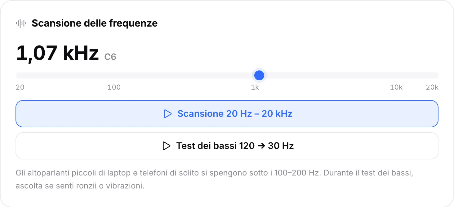 La scansione delle frequenze a 1,06 kHz (nota Do6), con il suo indicatore appena oltre 1k sulla scala