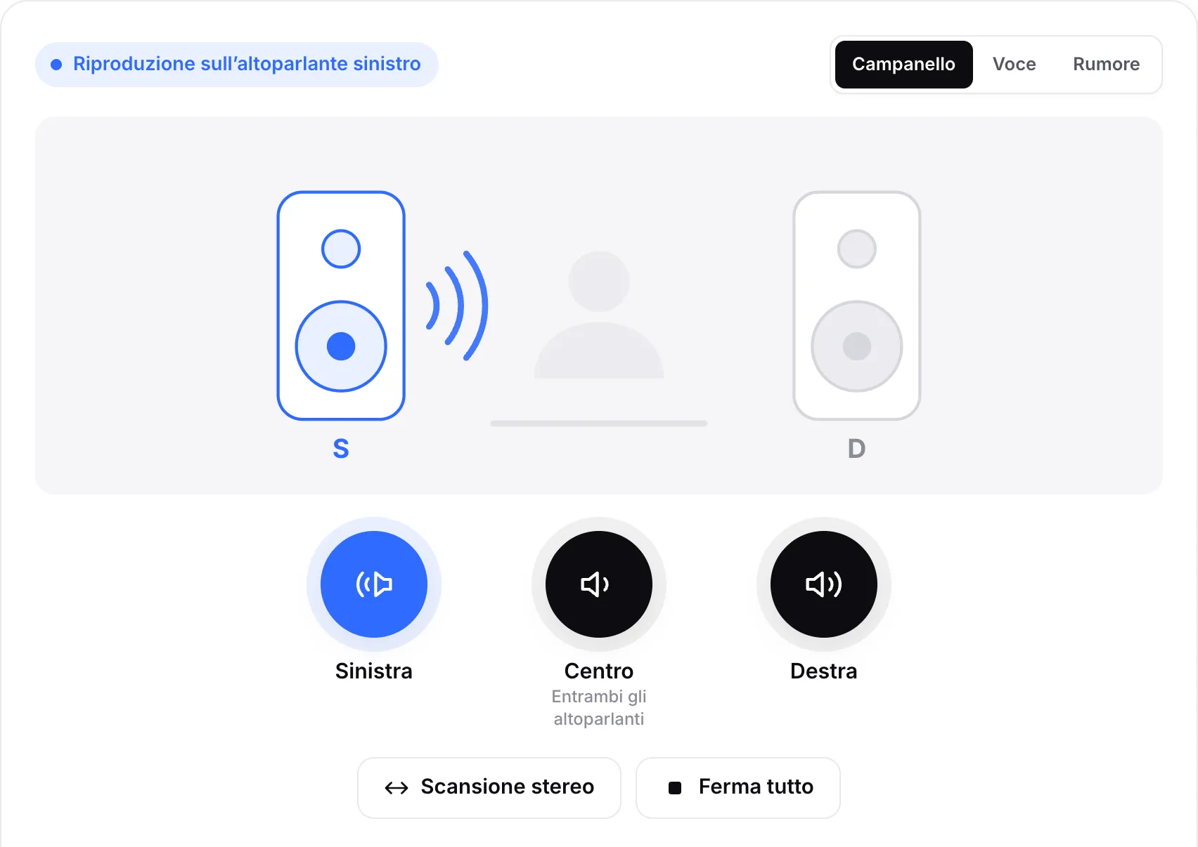 Il test audio in riproduzione sull’altoparlante sinistro: l’altoparlante sinistro nello schema è illuminato e il pulsante Sinistra è evidenziato