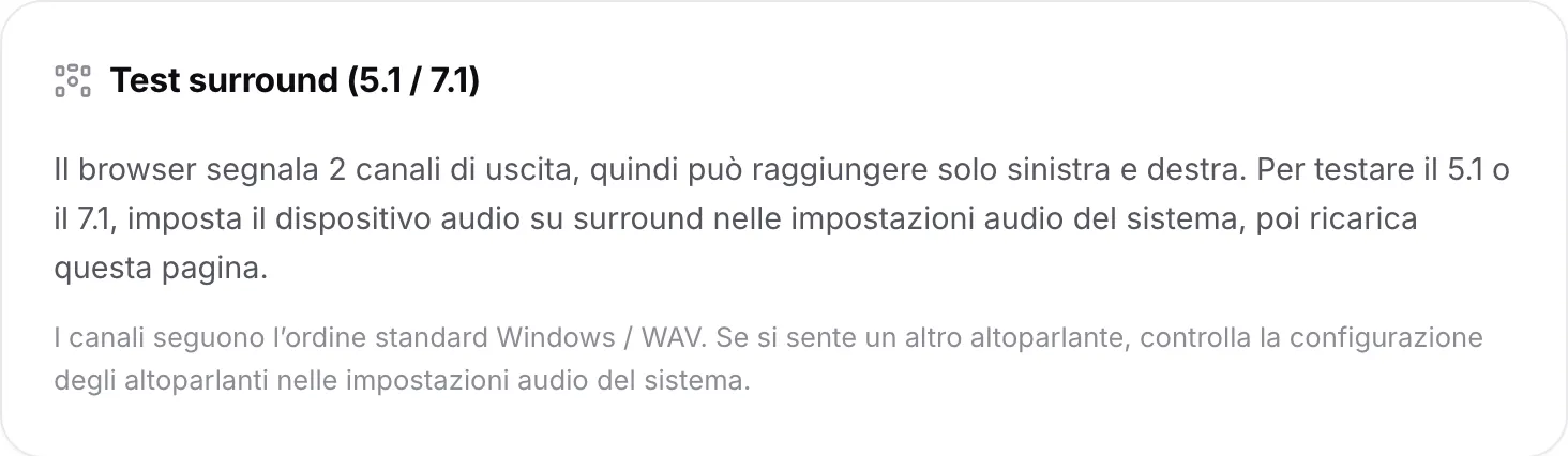 Il test surround che spiega che il browser dichiara 2 canali di uscita, quindi può raggiungere solo sinistra e destra
