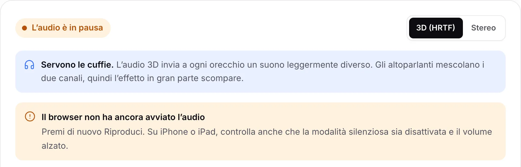 Il test audio 3D con lo stato arancione “L’audio è in pausa” e l’avviso “Il browser non ha ancora avviato l’audio”