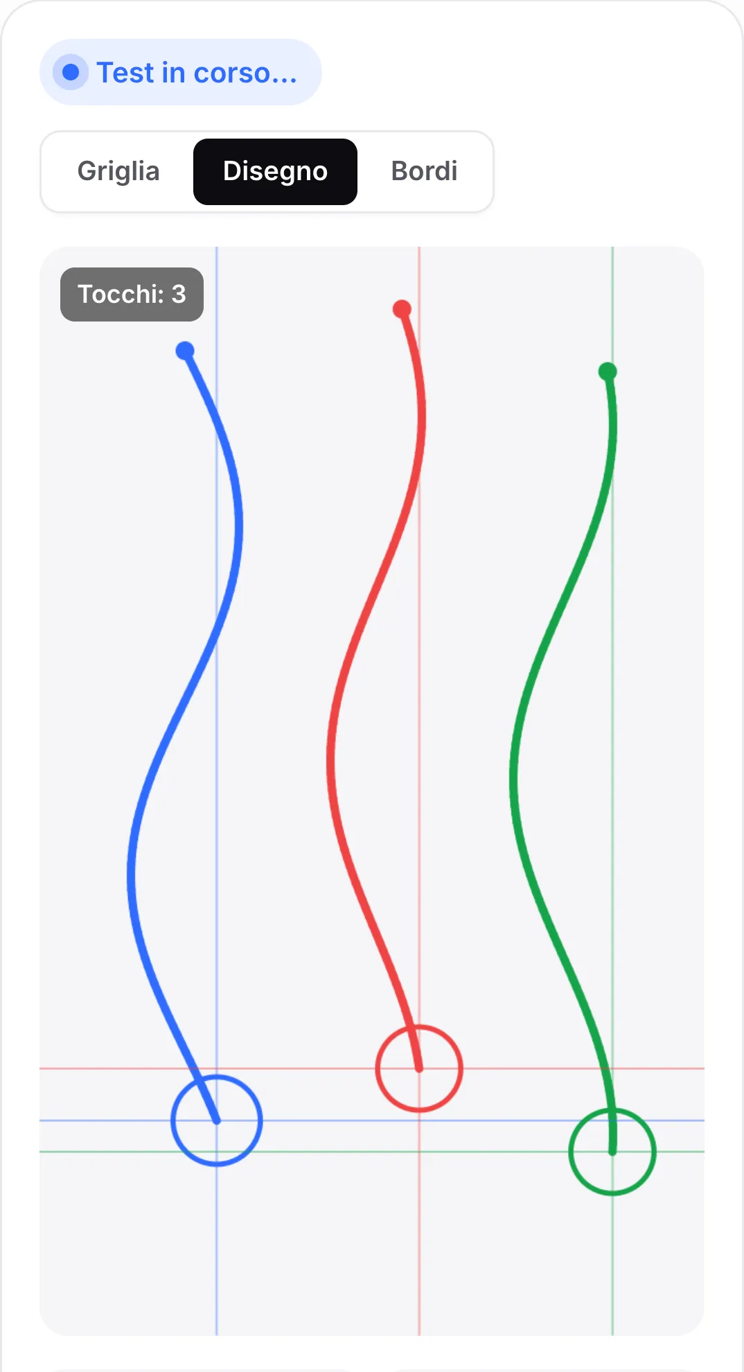 La modalità Disegno con tre linee ondulate fluide in blu, rosso e verde, una per dito, ciascuna che termina con un anello sotto il dito