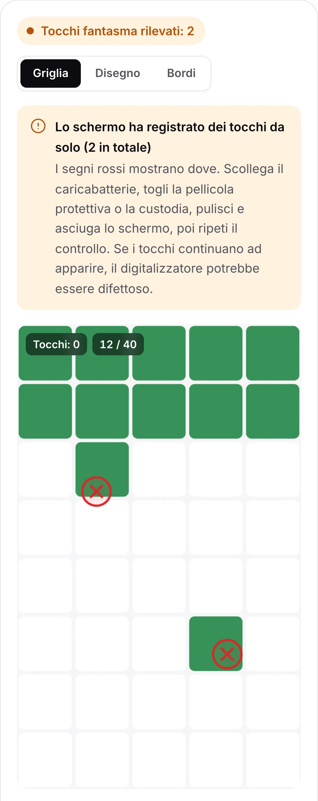 Risultato del controllo dei tocchi fantasma: lo stato arancione “Tocchi fantasma rilevati: 2”, il consiglio di scollegare il caricabatterie e pulire lo schermo e due segni rossi sulla griglia