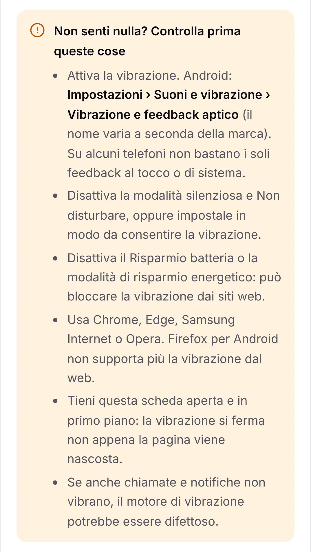 L’elenco “Non senti nulla? Controlla prima queste cose” con sei suggerimenti, che inizia con l’attivazione della vibrazione nelle impostazioni di Android