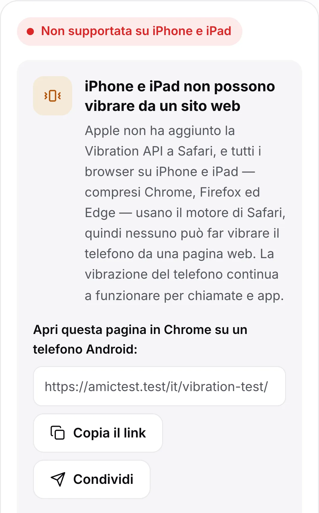 Il test della vibrazione su un iPhone: lo stato rosso “Non supportata su iPhone e iPad”, una spiegazione e un link per aprire la pagina su un telefono Android