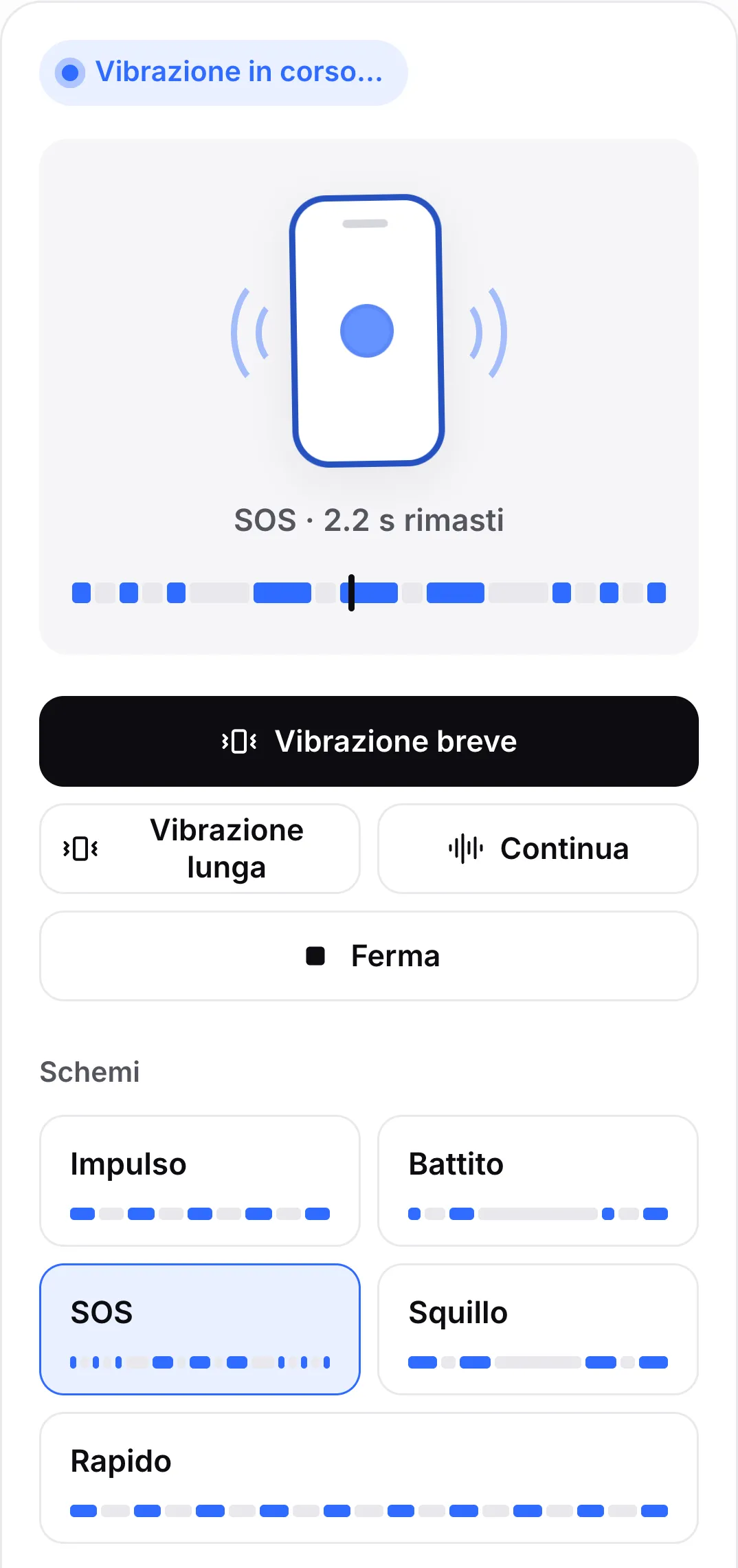Lo schema SOS in riproduzione: il suo pulsante è evidenziato e la linea del tempo sopra i pulsanti mostra vibrazioni brevi e lunghe con l’indicatore in una vibrazione lunga