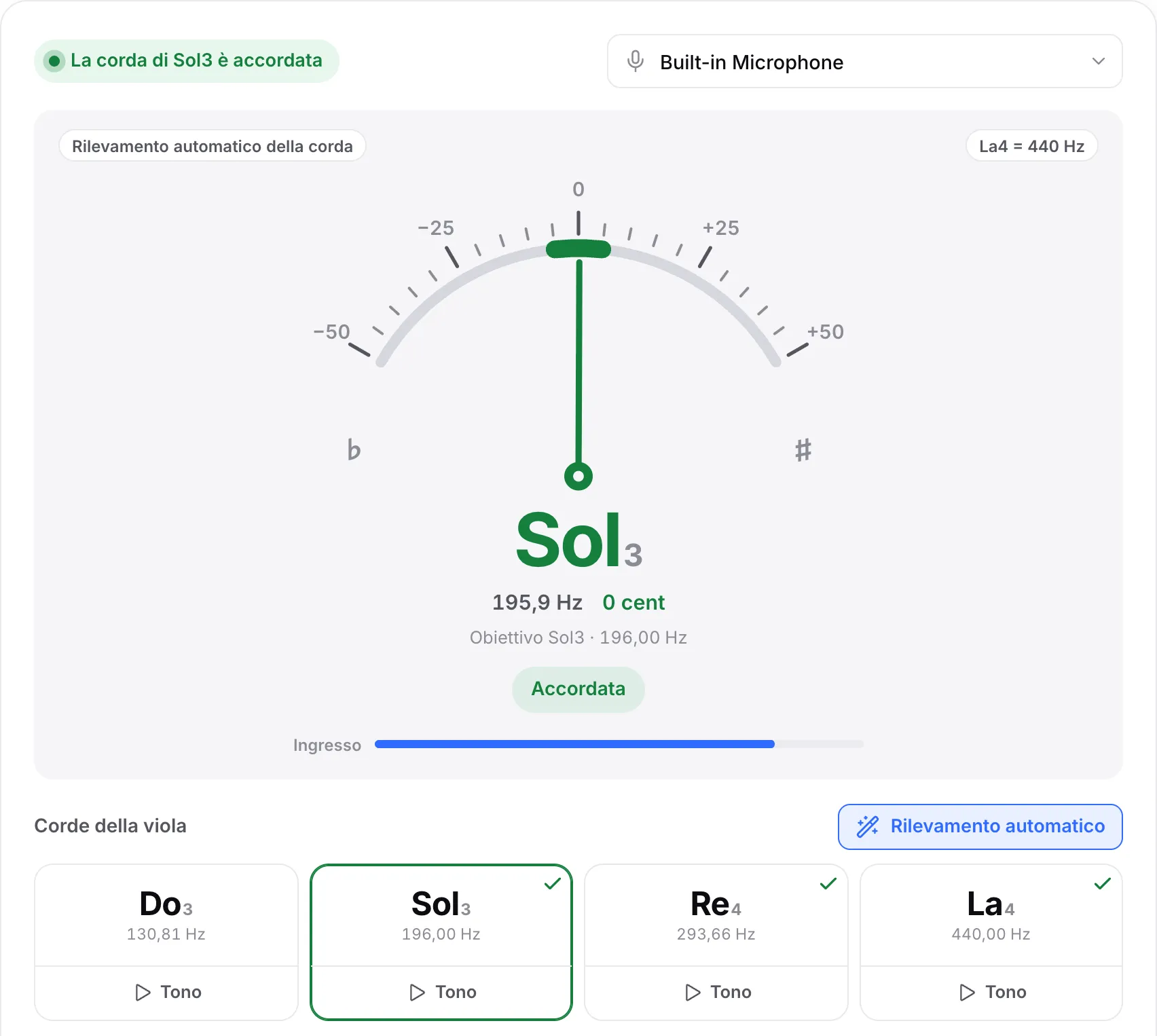 La corda del Sol accordata: una lancetta verde a 0 cent, lo stato “La corda di Sol3 è accordata” e segni di spunta sulle corde di Sol, Re e La