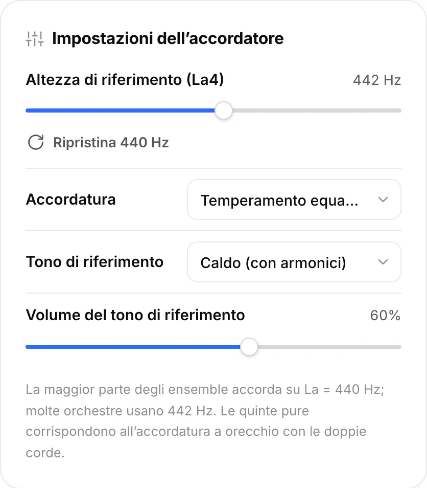 Le impostazioni dell’accordatore con il cursore dell’altezza di riferimento (La4) impostato a 442 Hz, il menu dell’accordatura e le opzioni del tono di riferimento