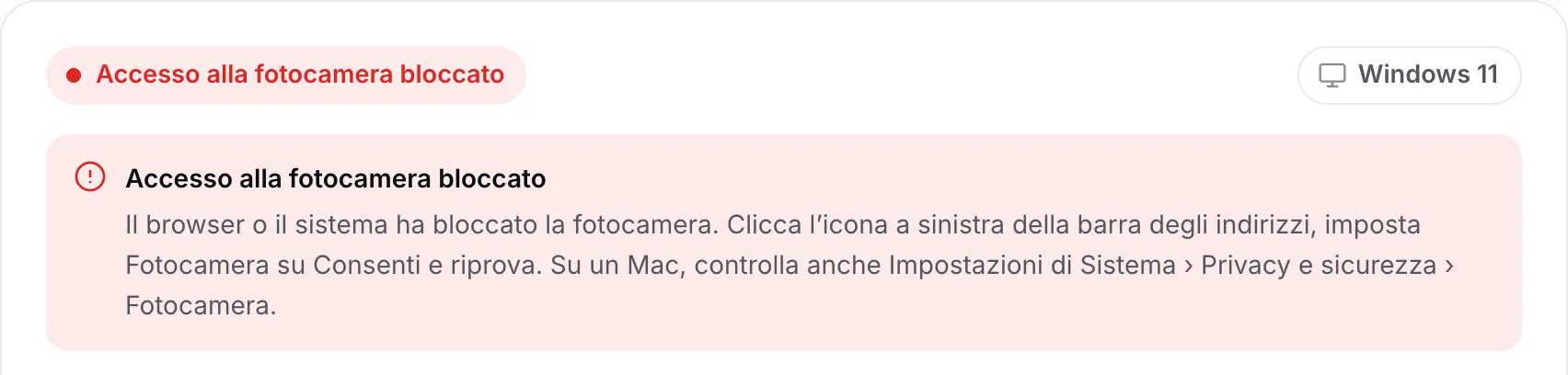 La ricerca dei driver webcam con il messaggio rosso “Accesso alla fotocamera bloccato” e le istruzioni