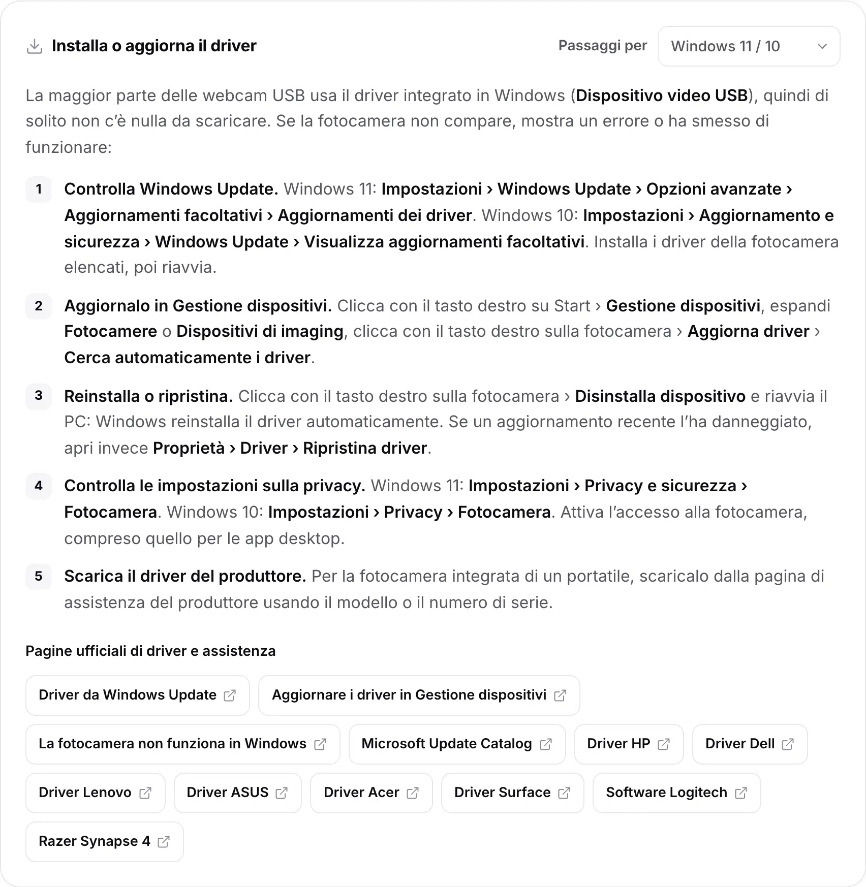 La scheda Installa o aggiorna il driver con i passaggi per Windows 11 / 10 e i link alle pagine ufficiali di driver e assistenza