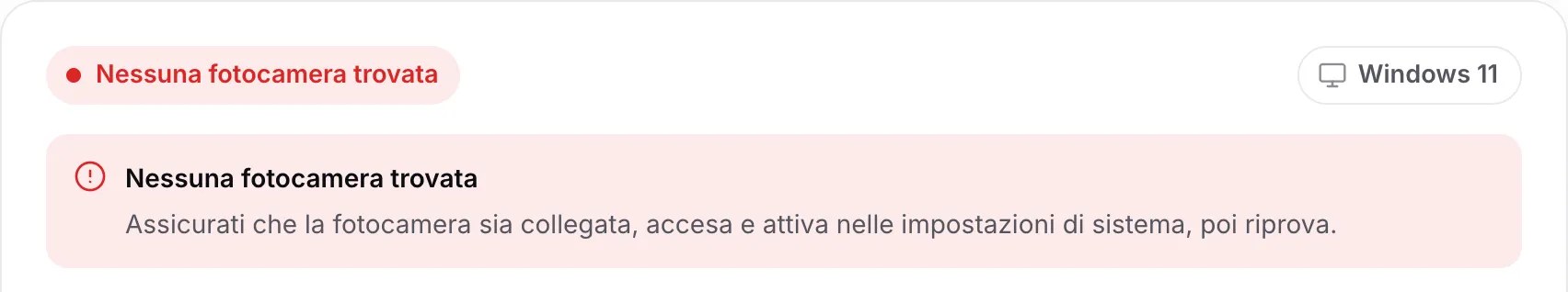 La ricerca dei driver webcam che mostra “Nessuna fotocamera trovata” con il consiglio di controllare che la fotocamera sia collegata, accesa e attivata