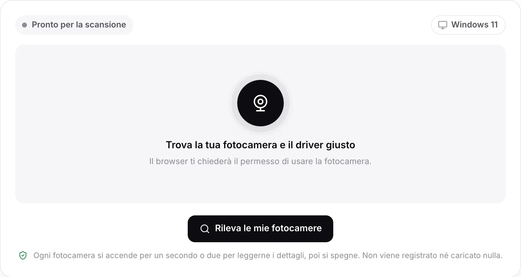 La ricerca dei driver webcam prima di una scansione, con il pulsante Rileva le mie fotocamere e il sistema rilevato, Windows 11