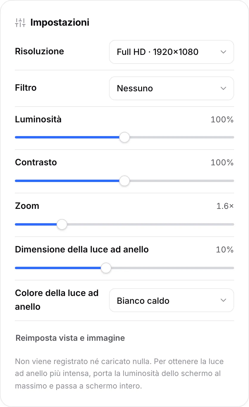 Le impostazioni dello specchio con luminosità, contrasto, zoom a 1,6×, dimensione della luce ad anello 10% e colore della luce ad anello Bianco caldo