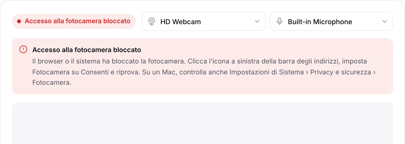 Il registratore webcam con il messaggio rosso “Accesso alla fotocamera bloccato” e le istruzioni