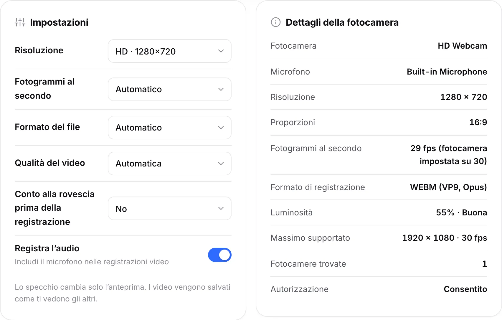 Le impostazioni di registrazione accanto ai Dettagli della fotocamera, che mostrano 1280 × 720, 30 fps e il formato di registrazione WEBM (VP9, Opus)