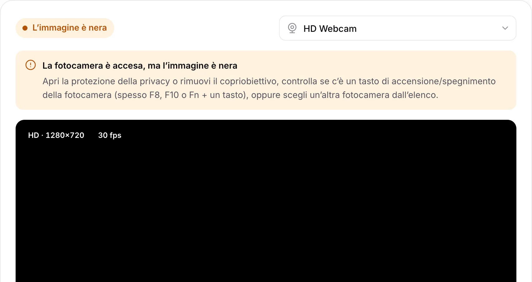 Il test della webcam con l’avviso “La fotocamera è accesa, ma l’immagine è nera” sopra un’immagine nera