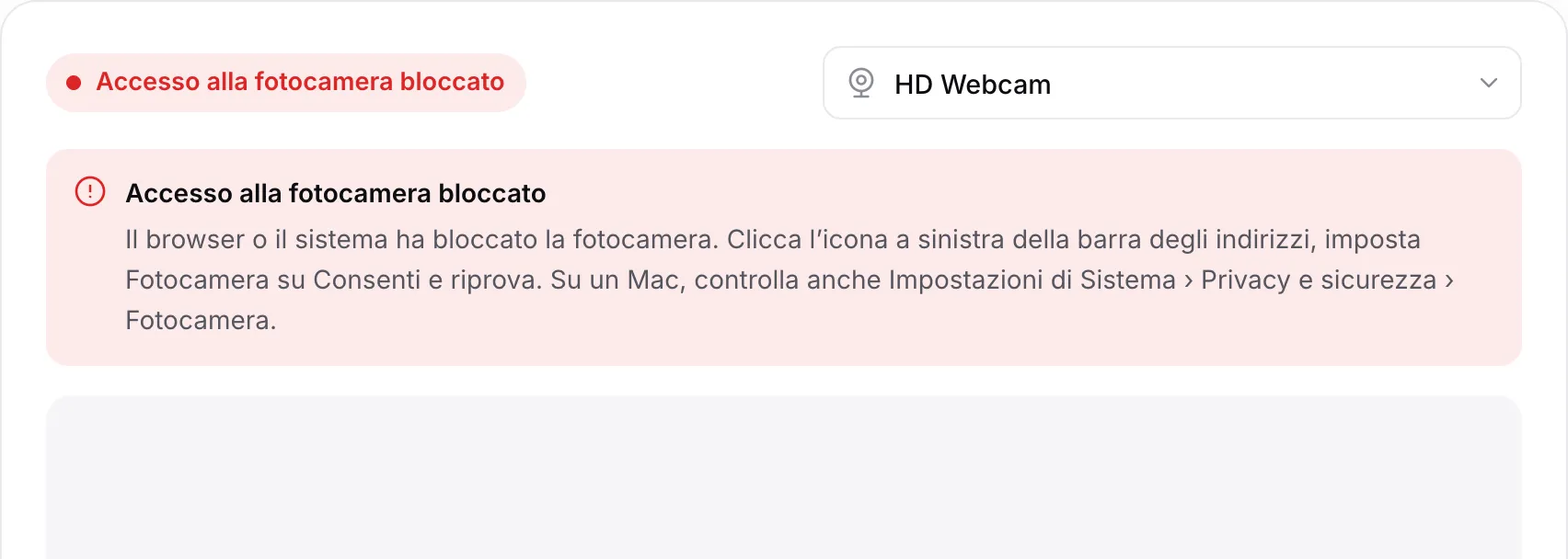 Il test della webcam con il messaggio rosso “Accesso alla fotocamera bloccato” e le istruzioni
