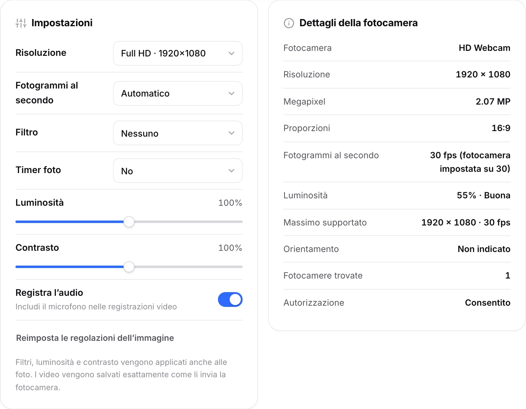 Le Impostazioni con la risoluzione su Full HD accanto ai Dettagli della fotocamera che mostrano 1920 × 1080, 30 fps e luminosità 55% · Buona