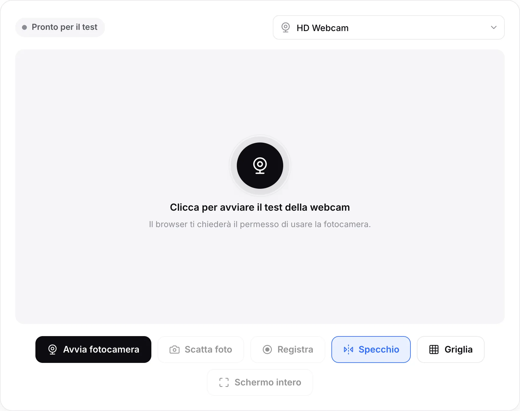 Il test della webcam prima dell’avvio, con il pulsante Avvia fotocamera e il menu della fotocamera