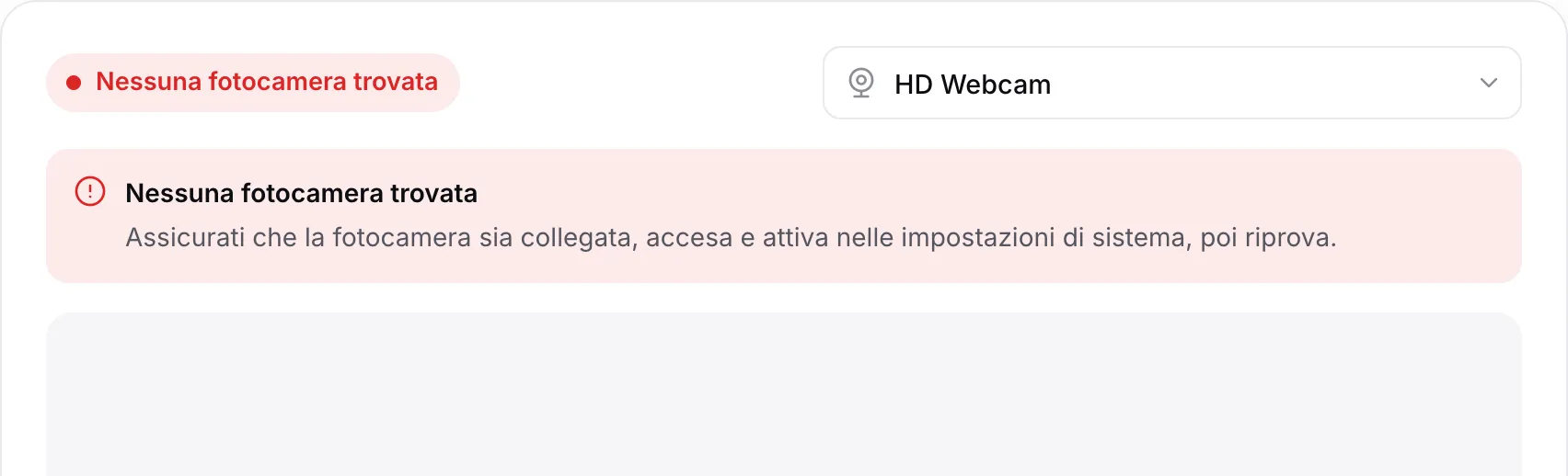 Il visualizzatore webcam con il messaggio rosso “Nessuna fotocamera trovata”