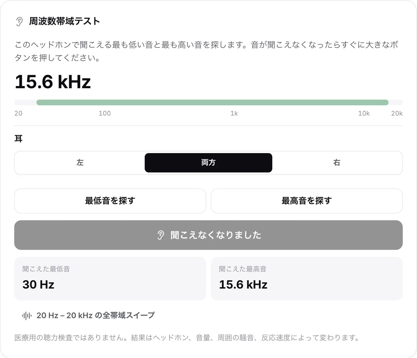 結果が表示された周波数範囲テスト。聞こえた最低音は 30 Hz、最高音は 15.6 kHz で、目盛りに緑色の帯で表示されている