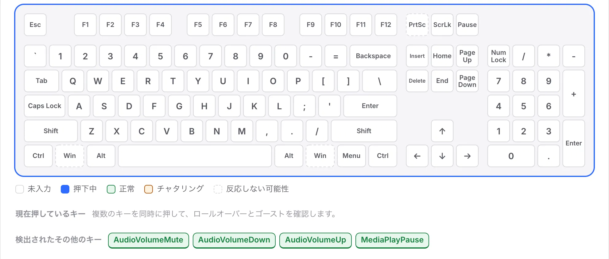 F キーの列は白いままで、AudioVolumeMute、AudioVolumeDown、AudioVolumeUp、MediaPlayPause が「検出されたその他のキー」に一覧表示されている