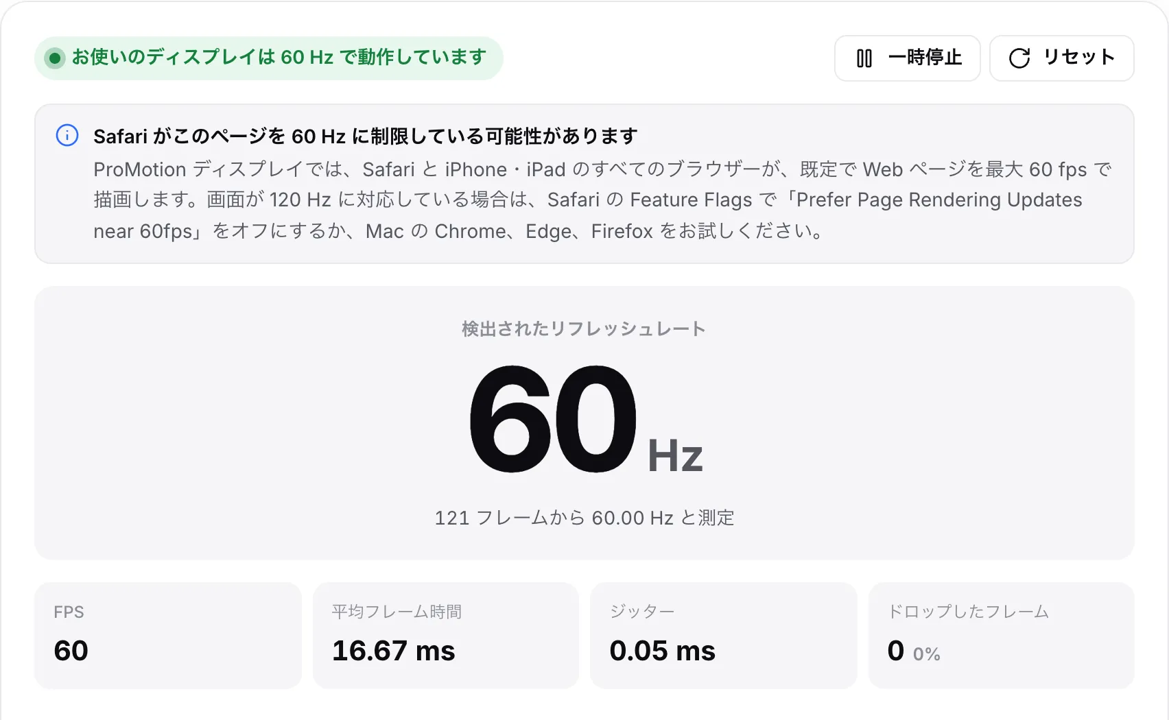 60 Hz の結果の上に「Safari がこのページを 60 Hz に制限している可能性があります」という注意書きが表示されている