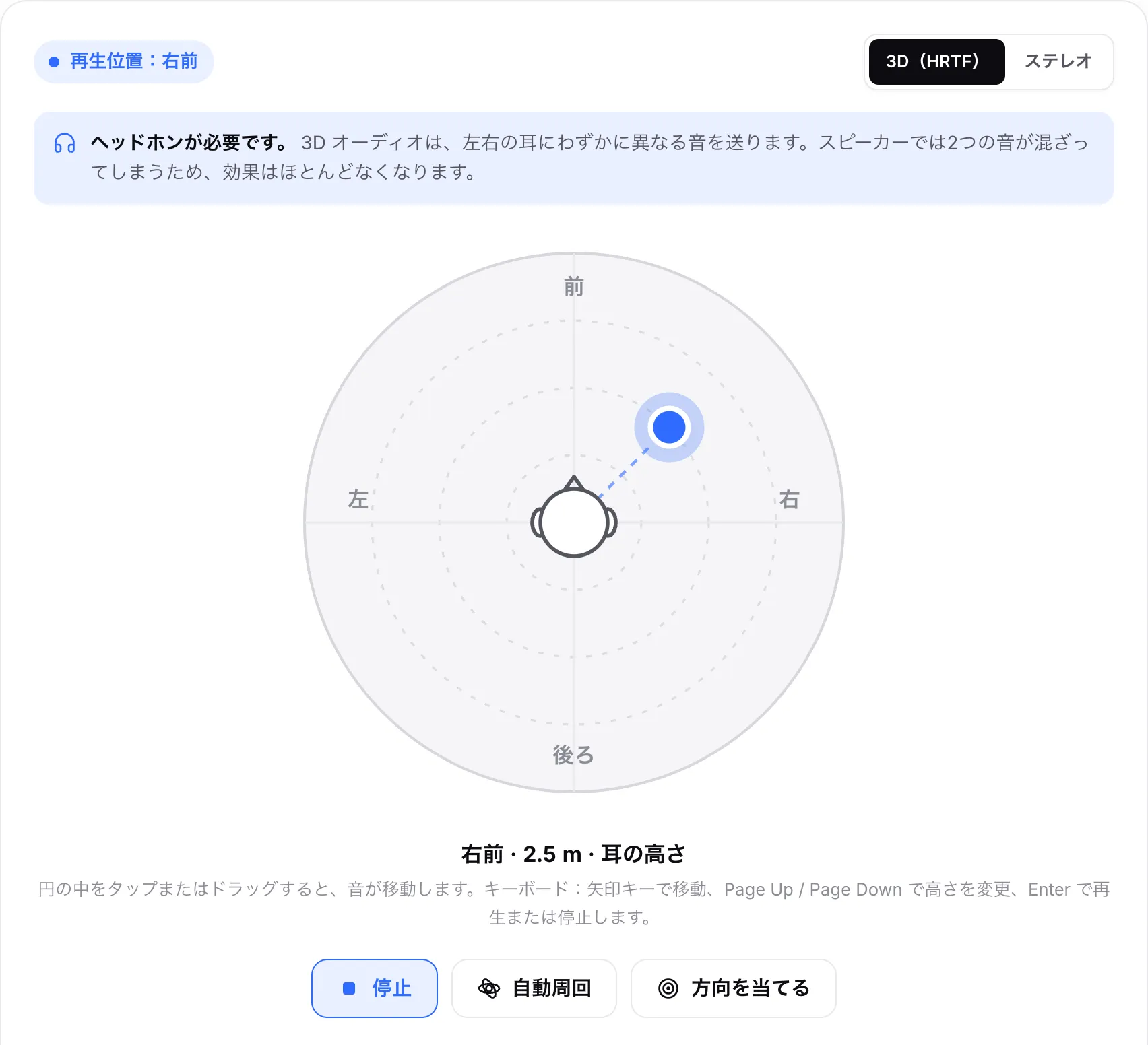 右前方 2.5 m、耳の高さから音を再生している 3D ルーム。ドットは頭の右上にある