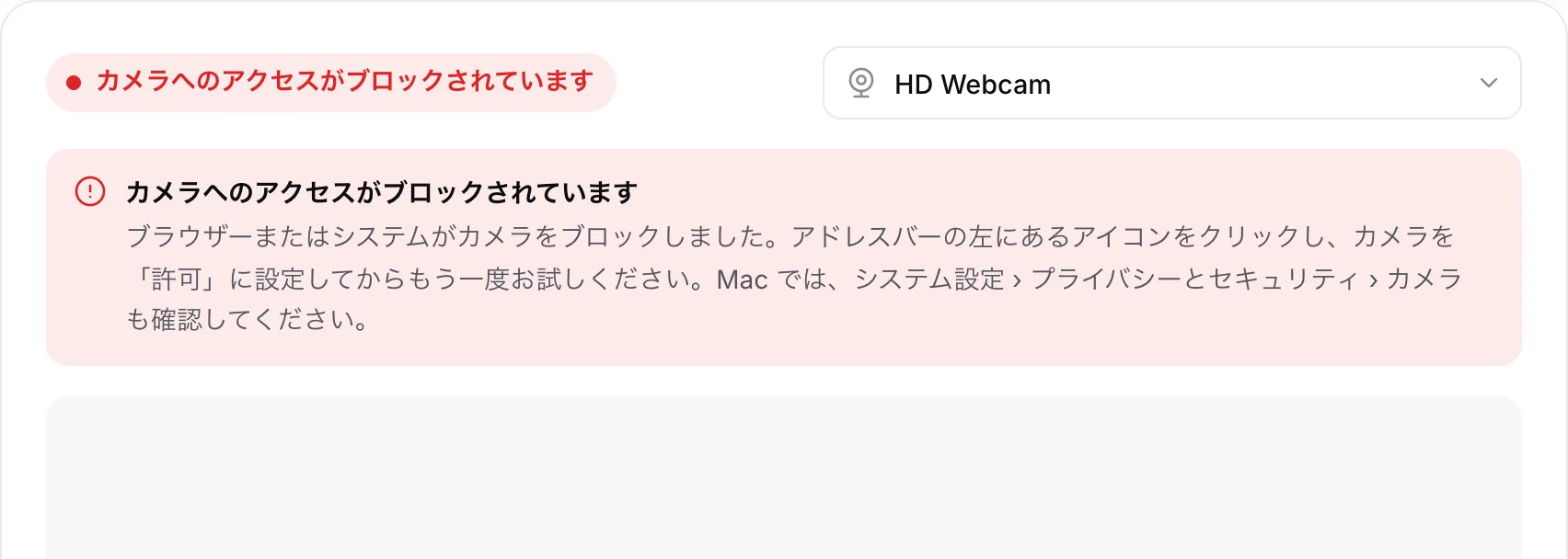 赤いメッセージ「カメラへのアクセスがブロックされています」と対処方法が表示されたオンラインカメラ