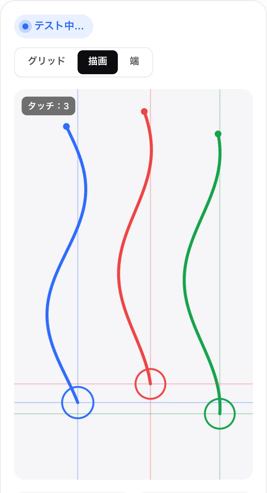 描画モード。指ごとに青、赤、緑のなめらかな波線が 3 本あり、それぞれ指の下のリングで終わっている